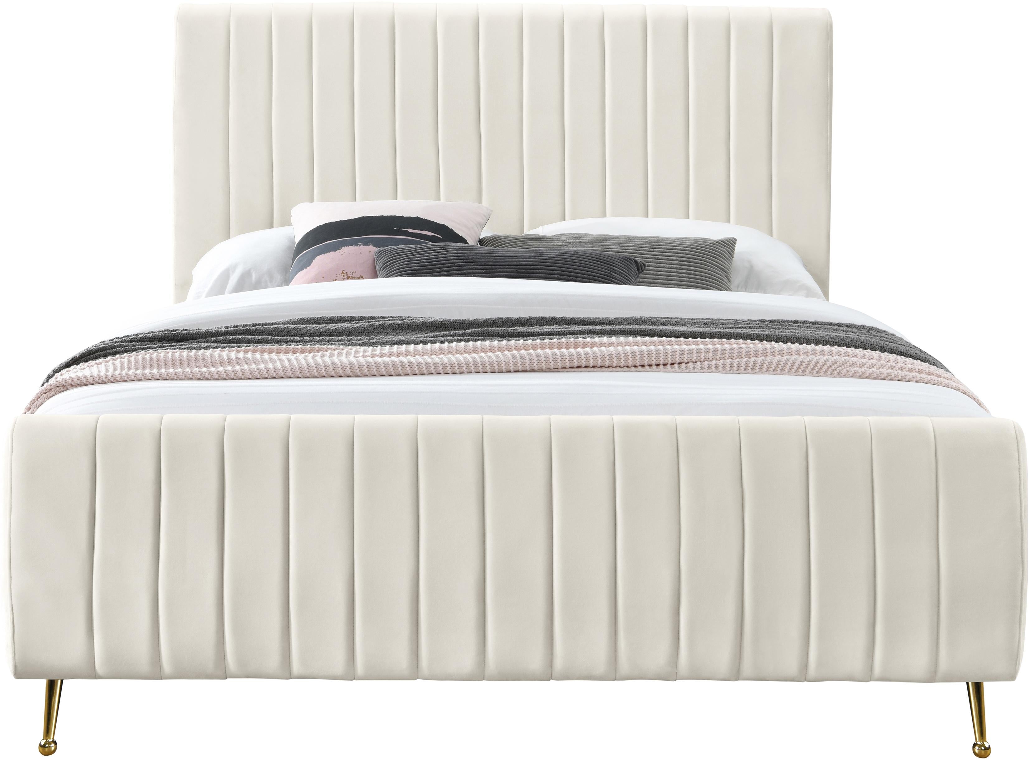 Zara Cream Velvet Queen Bed (3 Boxes) - Luxury Home Furniture (MI)