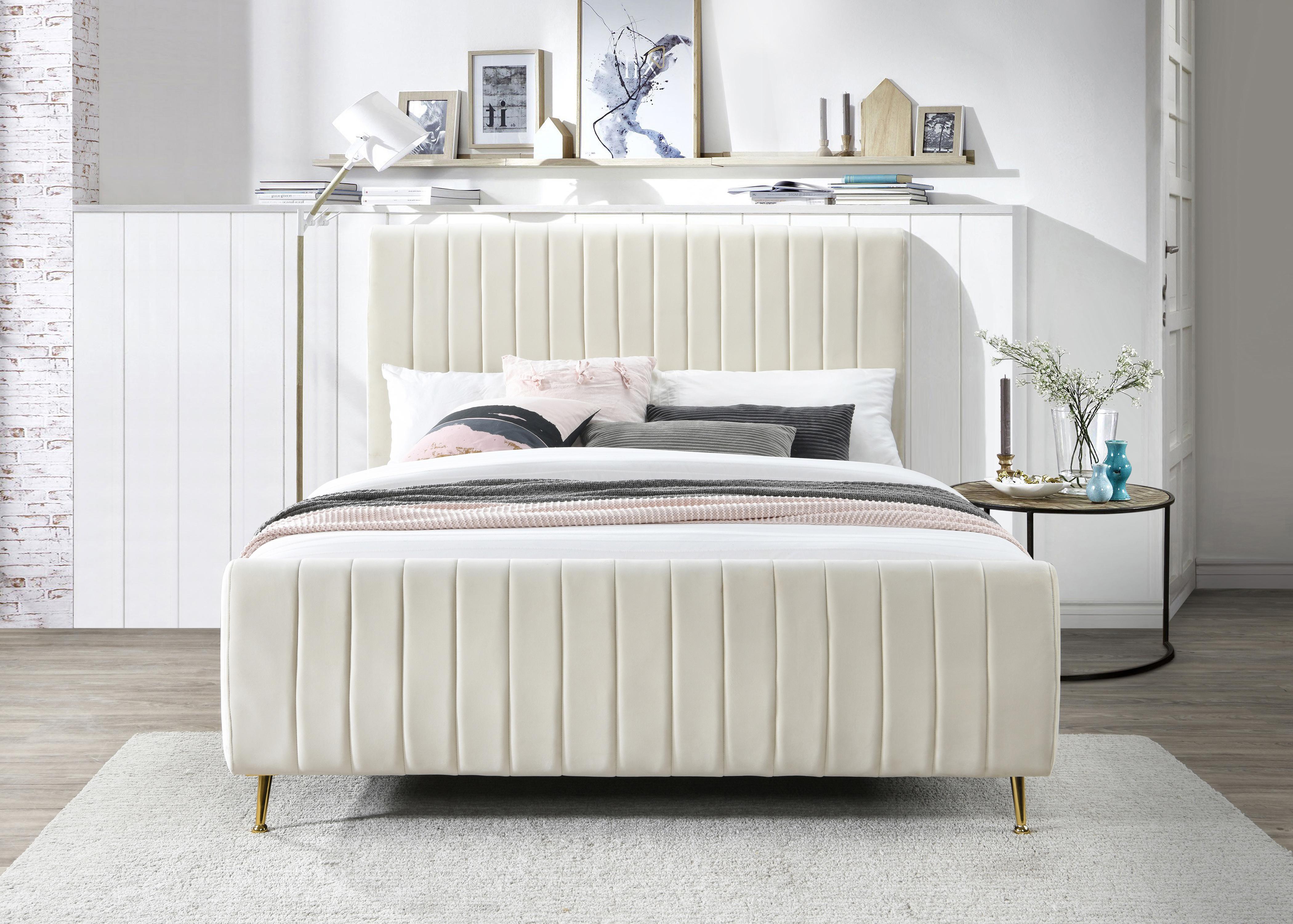Zara Cream Velvet Queen Bed (3 Boxes) - Luxury Home Furniture (MI)