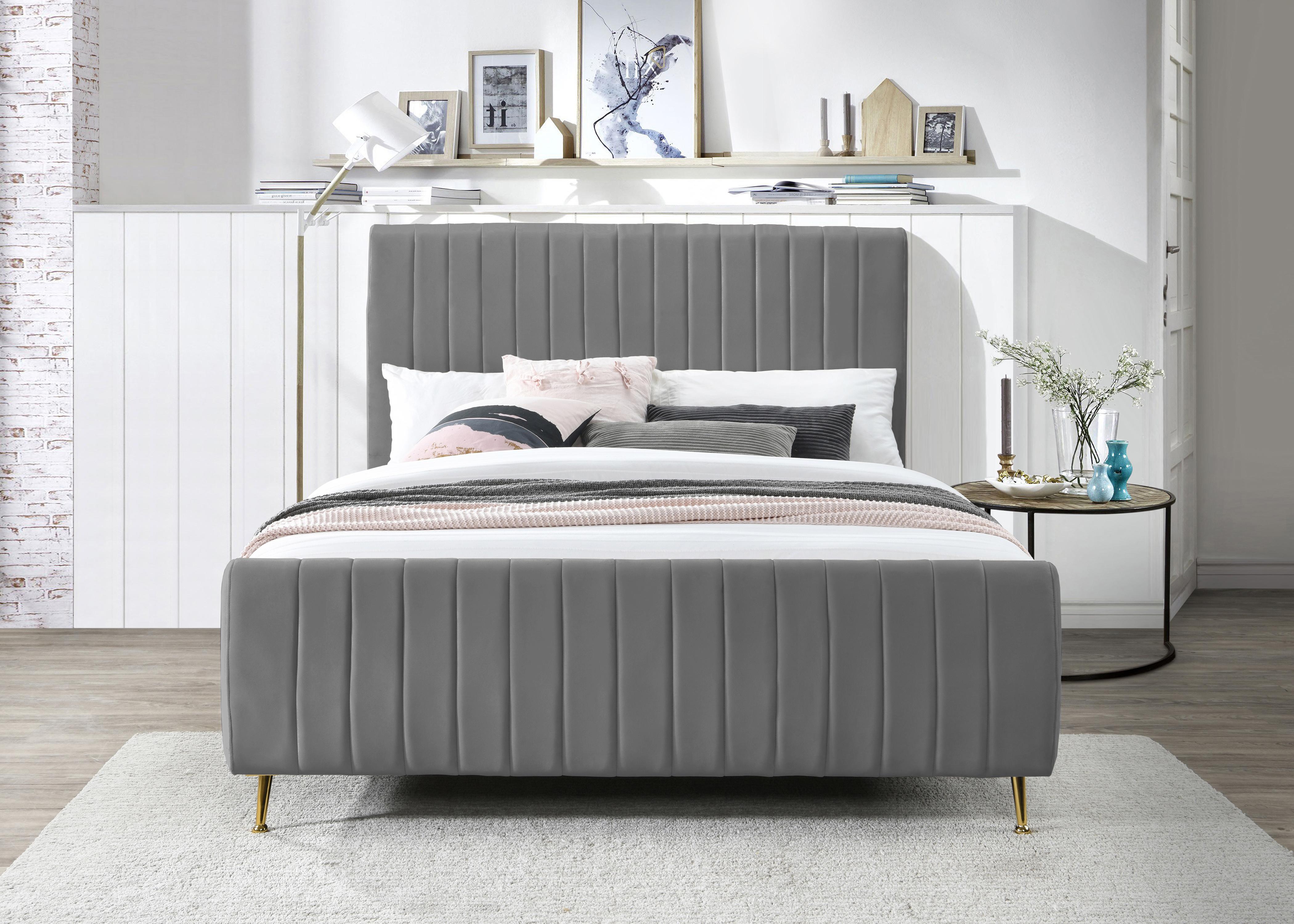 Zara Grey Velvet Queen Bed (3 Boxes) - Luxury Home Furniture (MI)