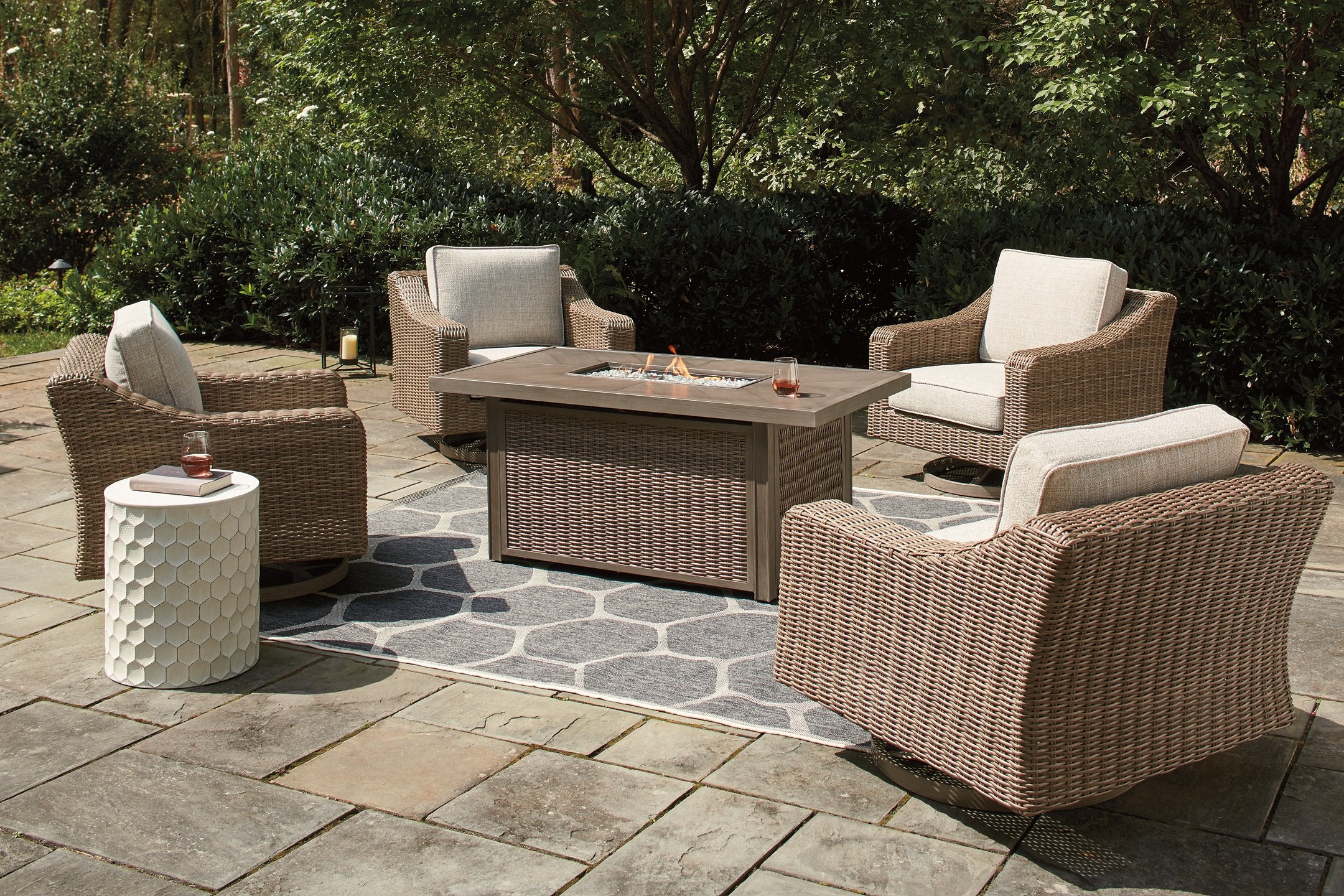 Beachcroft Beachcroft Fire Pit Table with Four Nuvella Swivel Lounge Chairs - Luxury Home Furniture (MI)