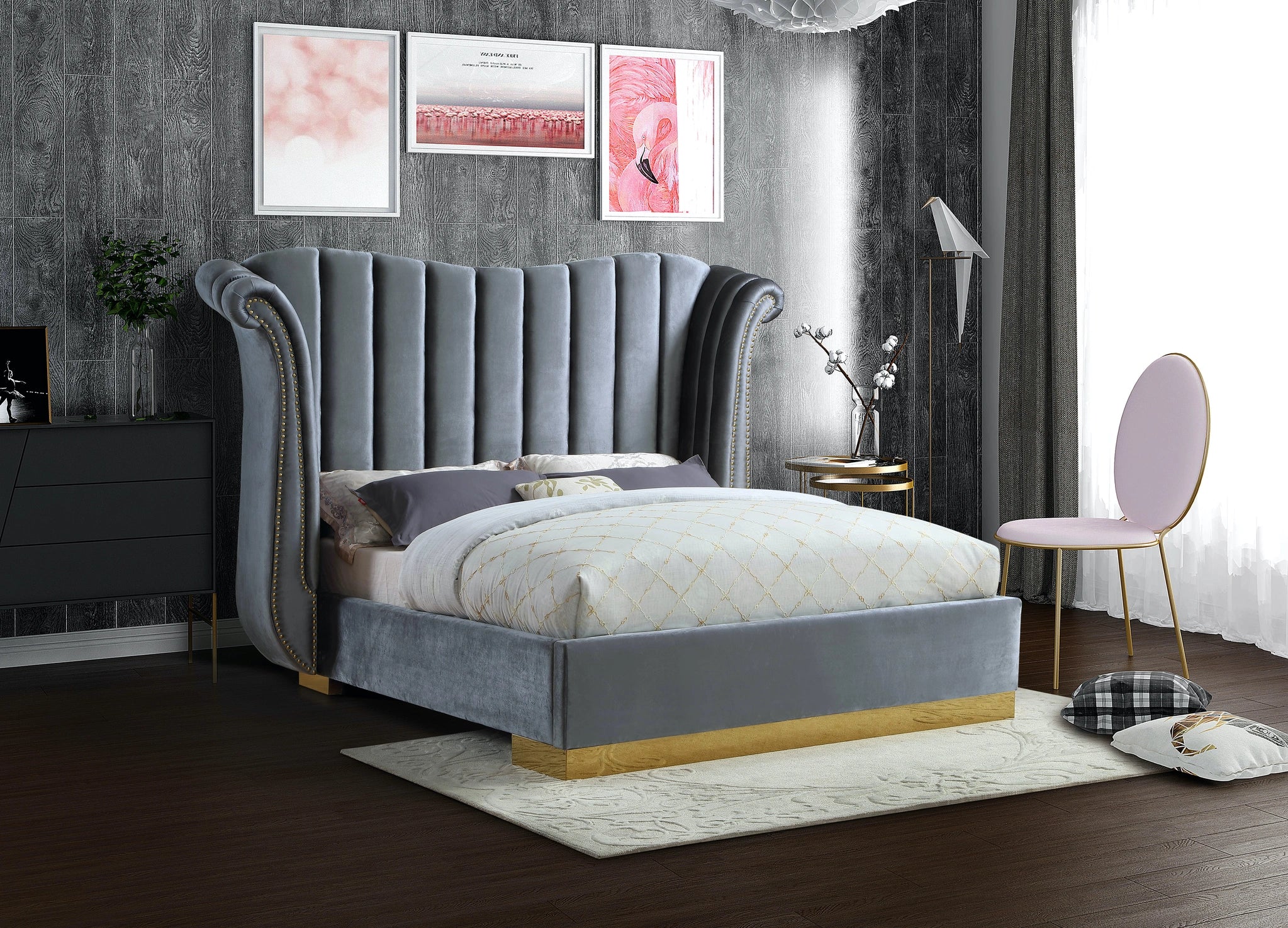 Flora Grey Velvet Queen Bed (3 Boxes)