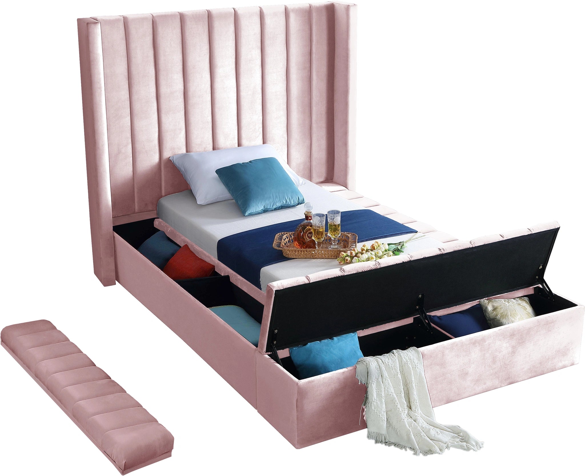 Kiki Pink Velvet Twin Bed (3 Boxes)