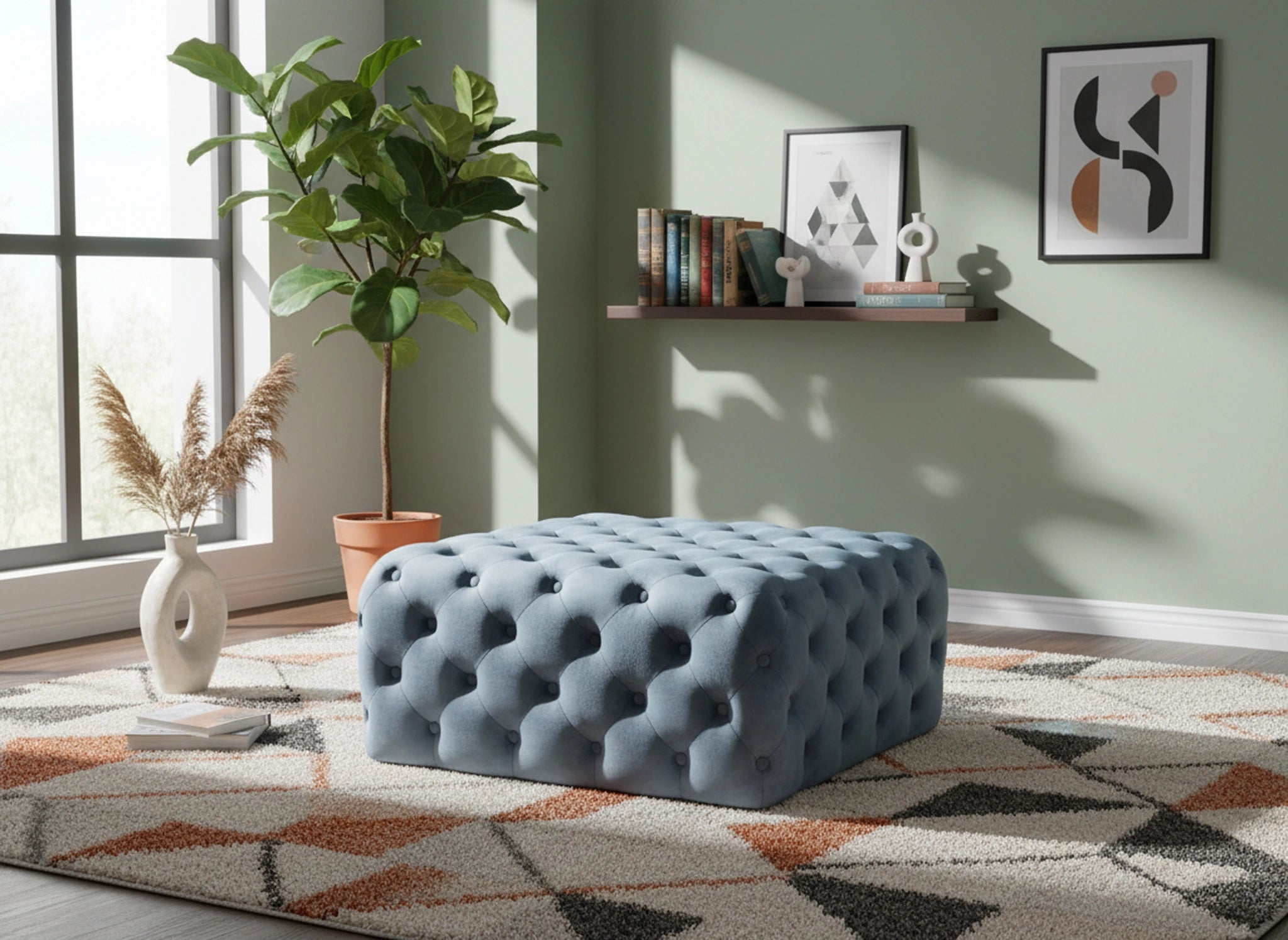 Ariel Sky Blue Velvet Ottoman/Bench