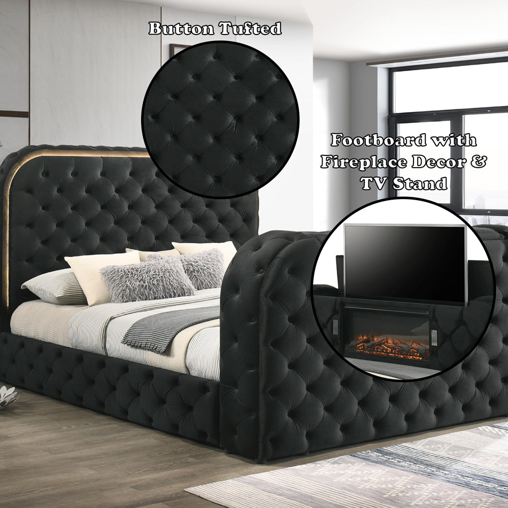 Queen Bed w/LED, Fireplace & TV Cabinet
