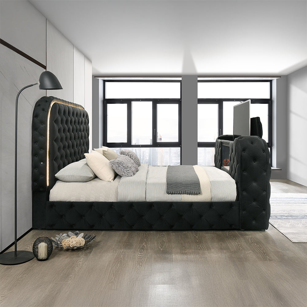 Queen Bed w/LED, Fireplace & TV Cabinet