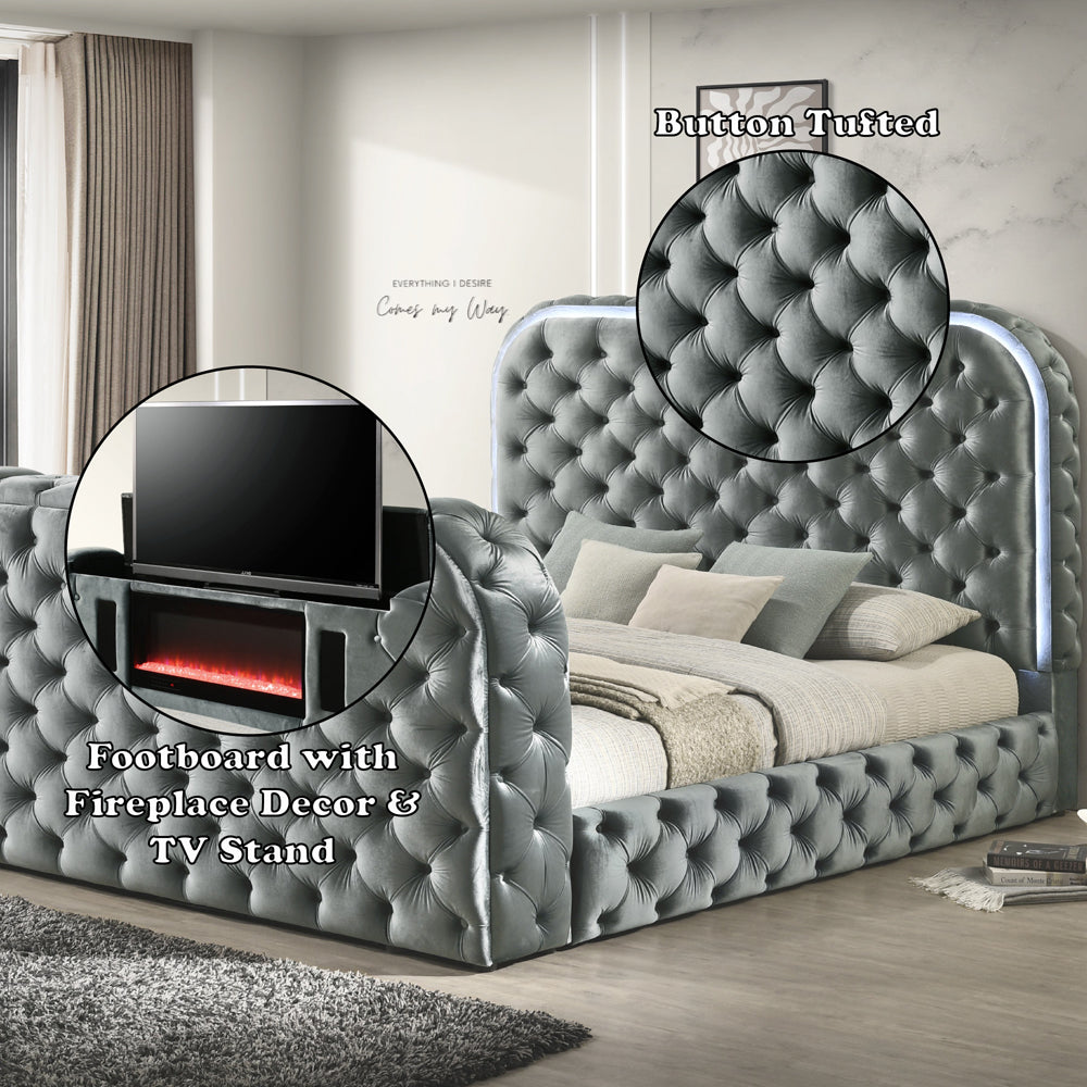 Eastern King Bed w/LED, Fireplace & TV Stand