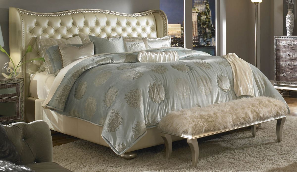AICO Hollywood Swank Queen Upholstered Platform Bed in Pearl - Luxury Home Furniture (MI)