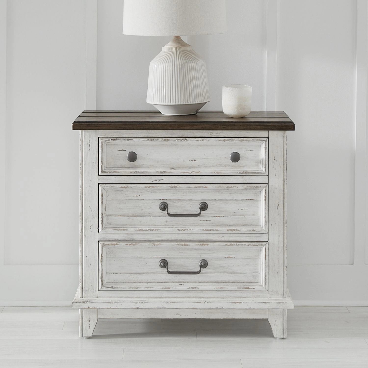 River Place 3 Drawer Nightstand with Charging Station in Riverstone White and Tobacco image