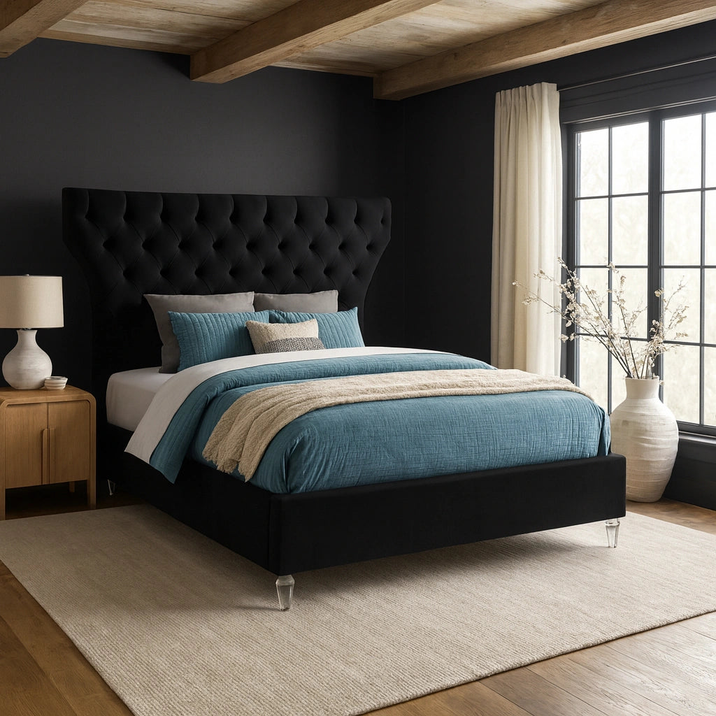 Kira Black Velvet Queen Bed