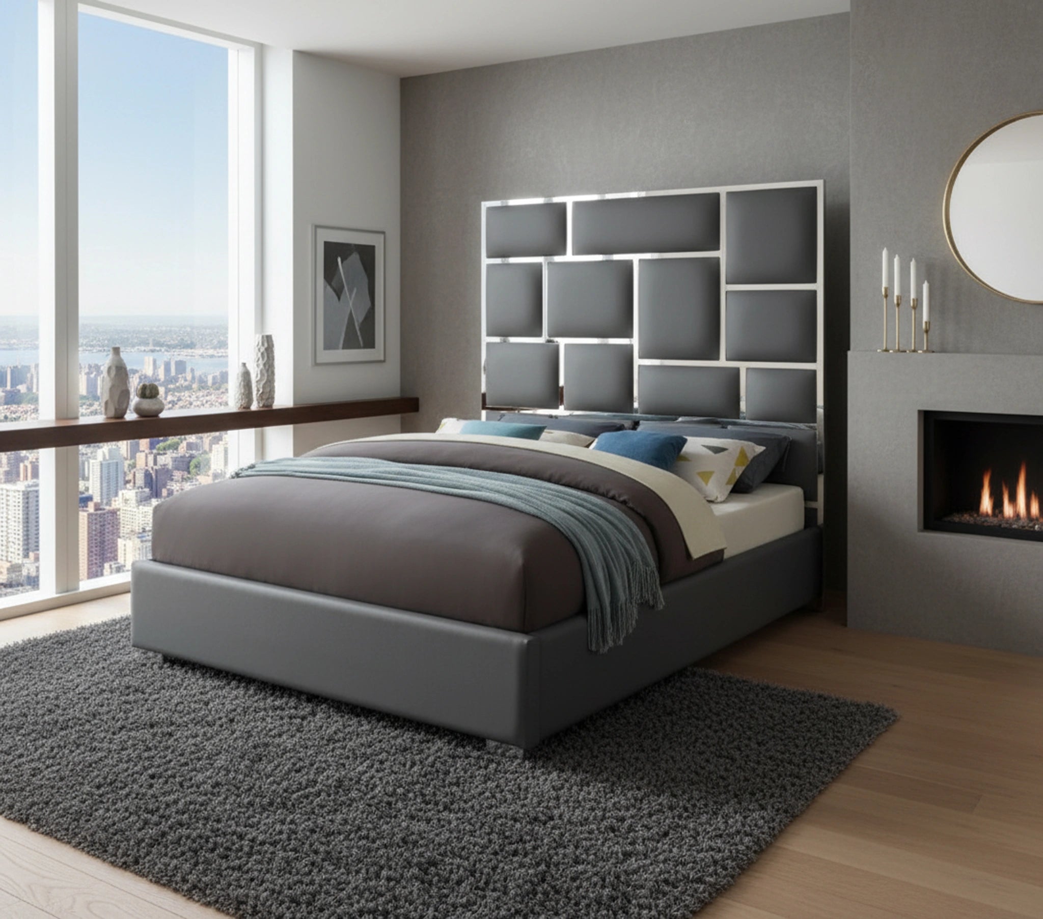 Milan Grey Faux Leather Queen Bed