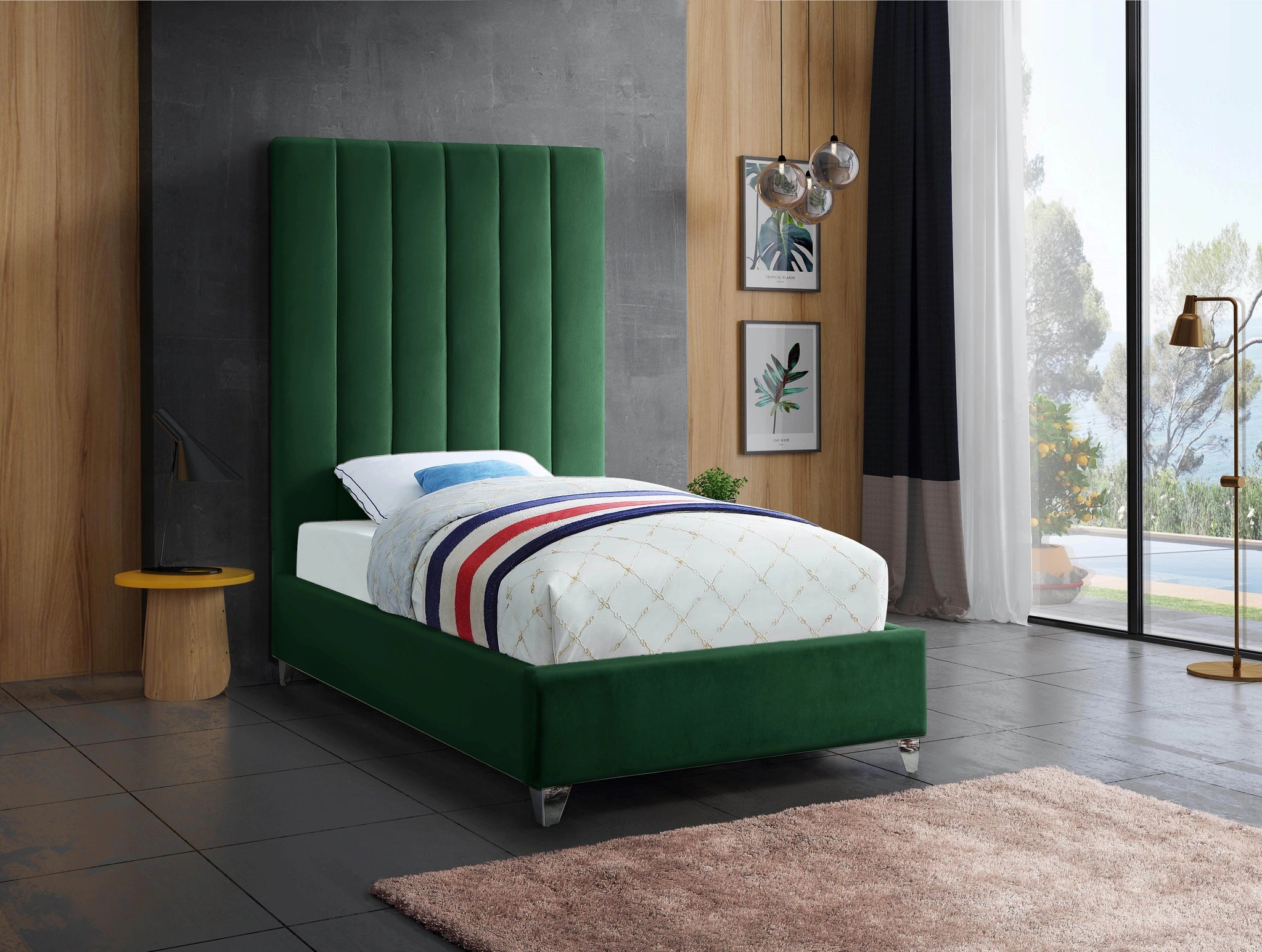 Via Green Velvet Twin Bed