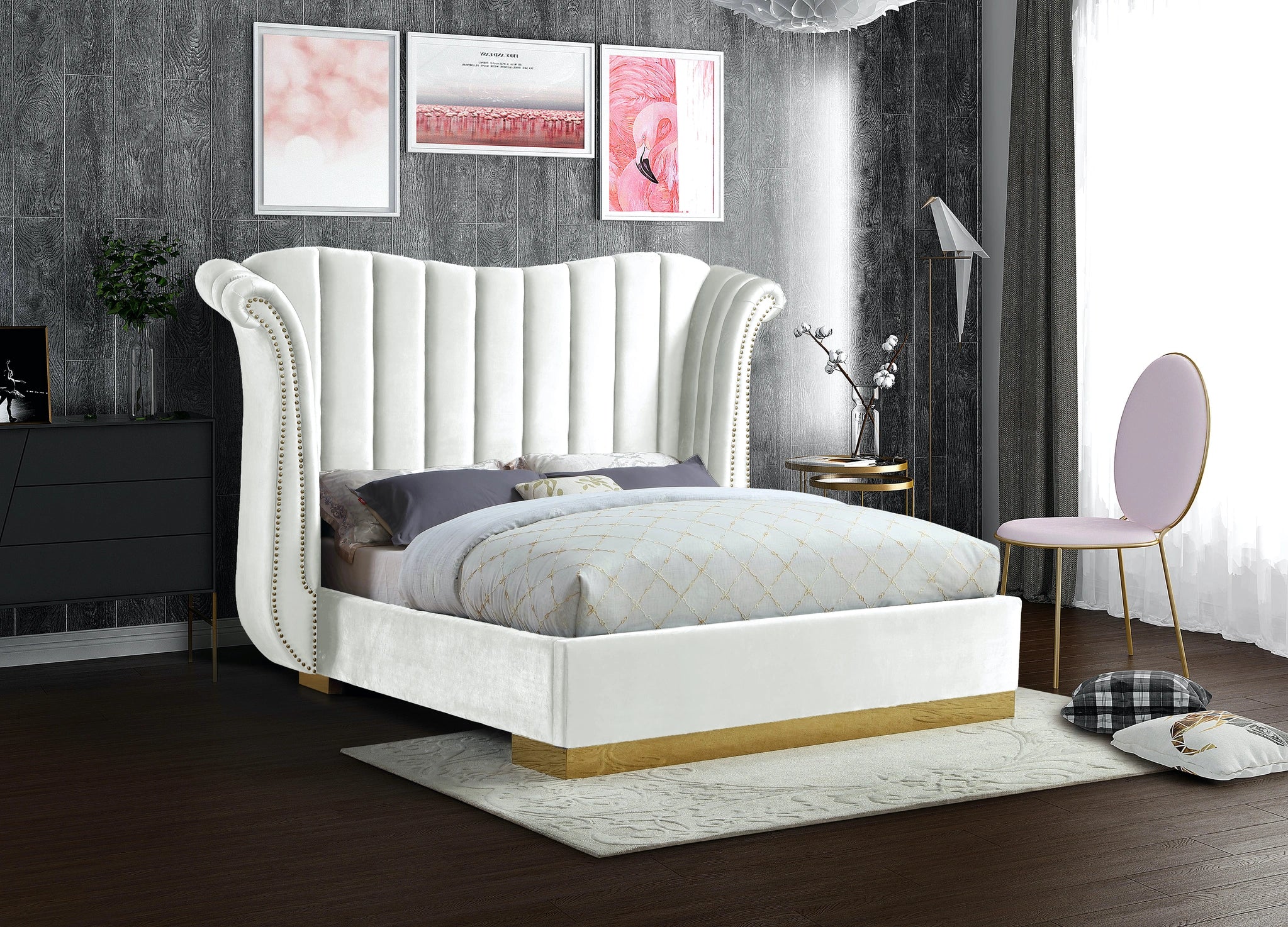 Flora White Velvet King Bed (3 Boxes)