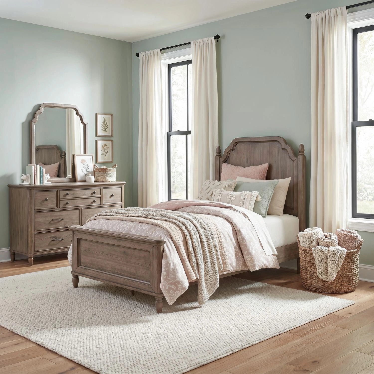 Hickory Grove Panel Bed, Dresser & Mirror image