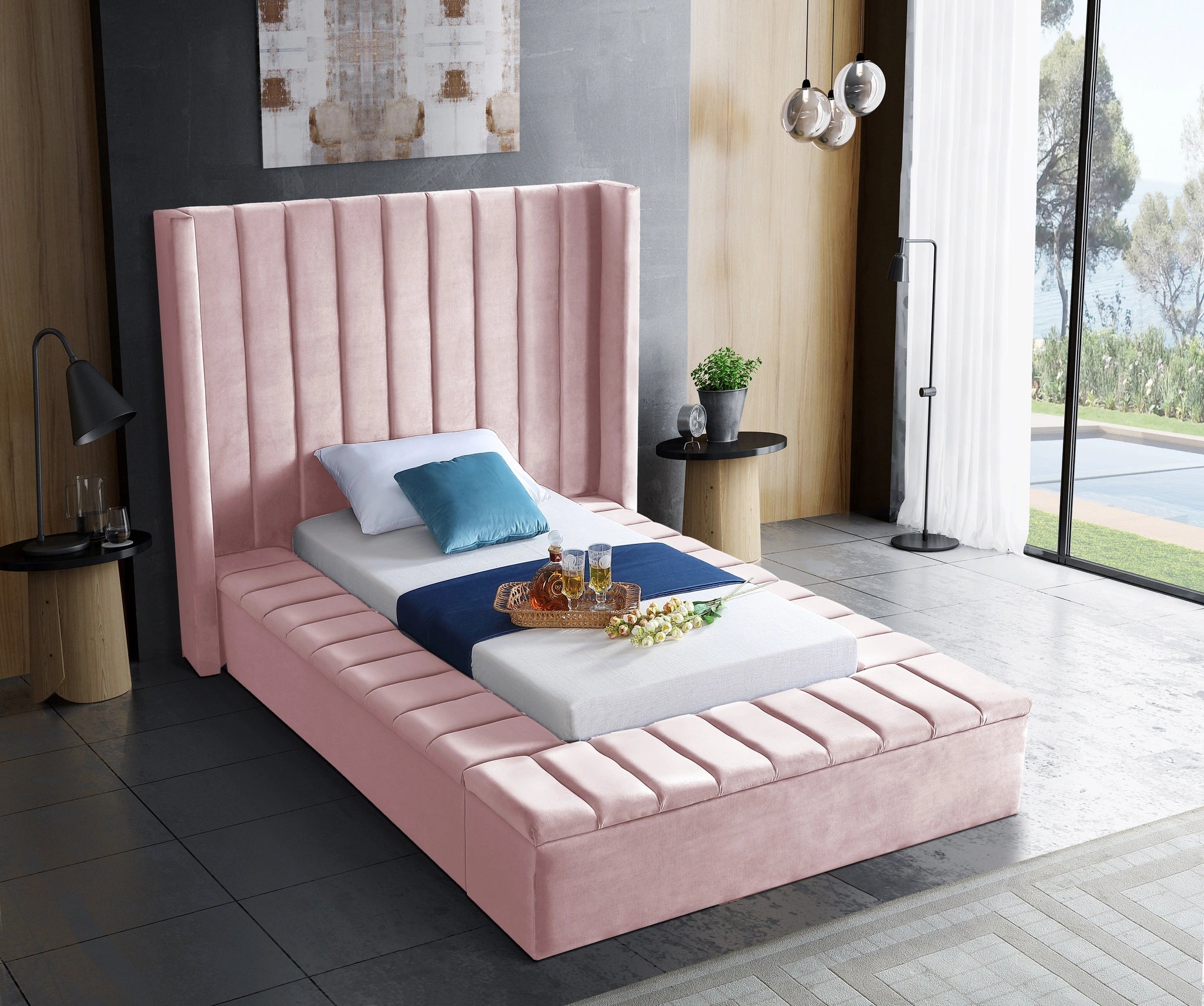 Kiki Pink Velvet Twin Bed (3 Boxes)