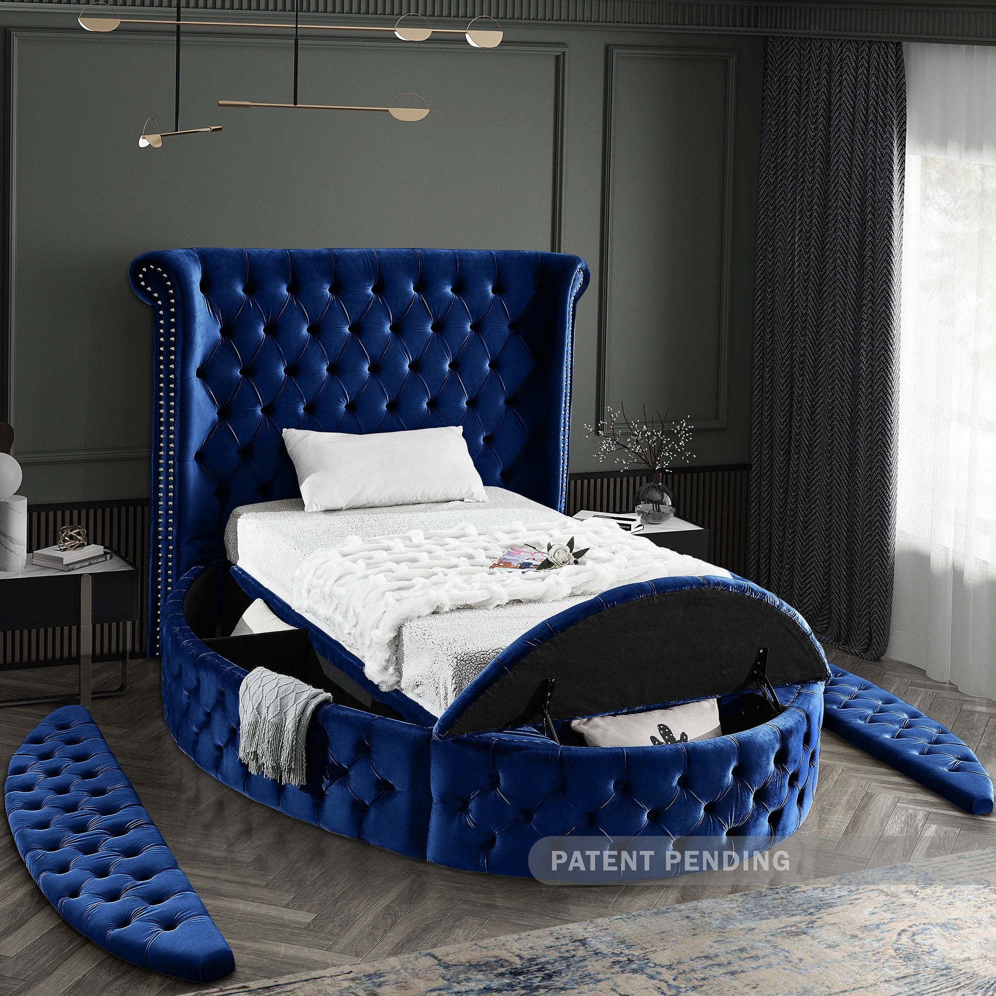 Luxus Navy Velvet Twin Bed (3 Boxes)