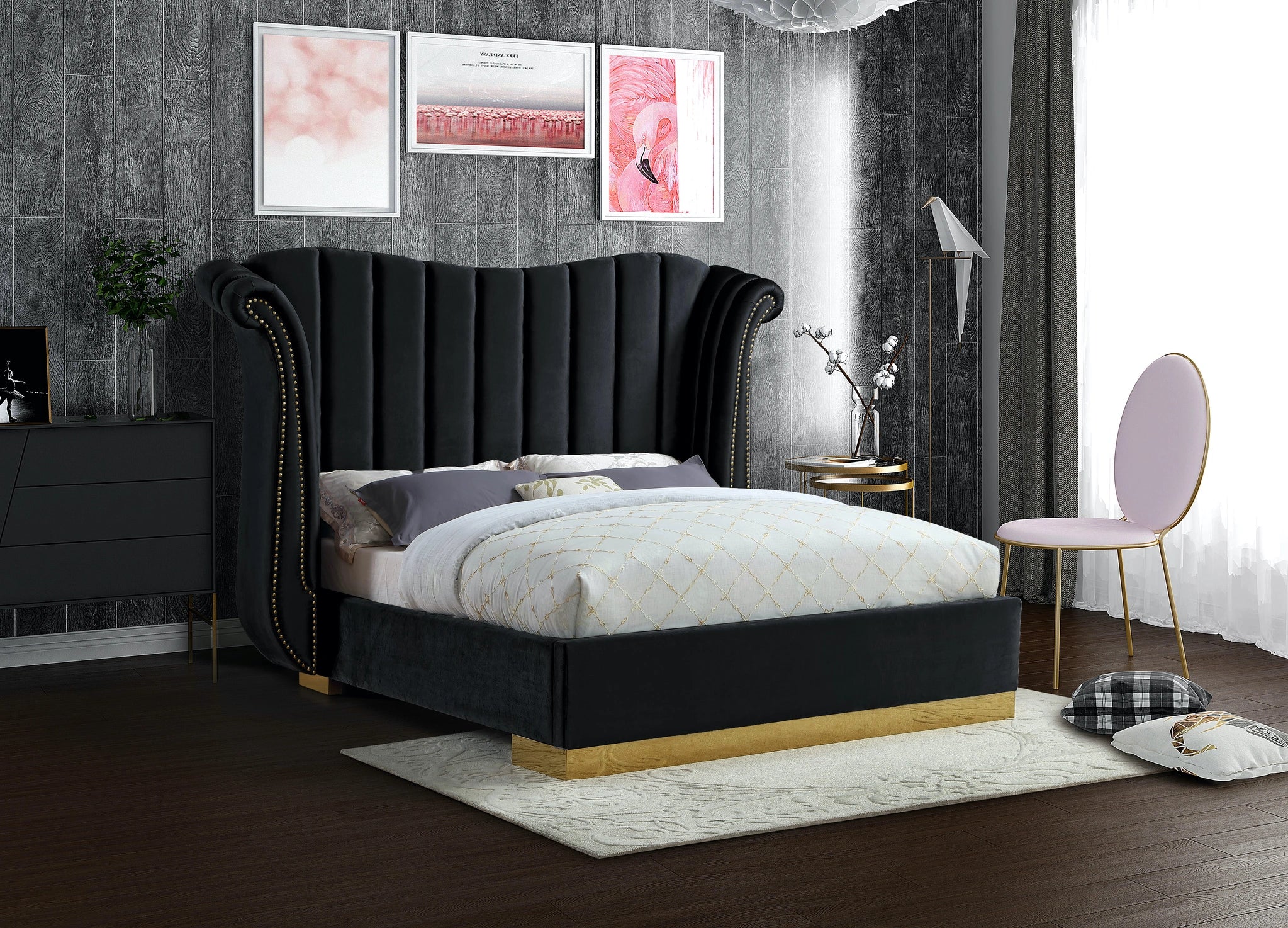 Flora Black Velvet King Bed (3 Boxes)