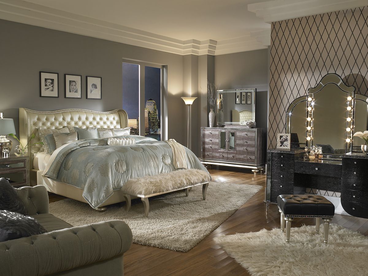AICO Hollywood Swank Queen Upholstered Platform Bed in Pearl - Luxury Home Furniture (MI)