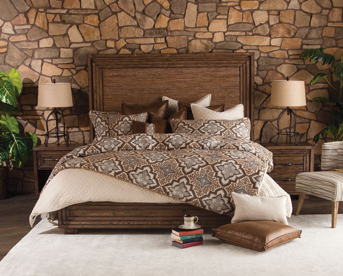 Aico Carrollton Queen Panel Bed with Fabric Insert in Rustic Ranch - Luxury Home Furniture (MI)