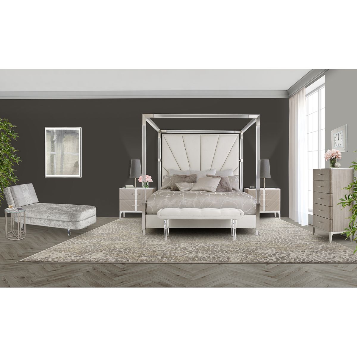 AICO Penthouse King Canopy Channel Tufted Upholstered Bed in Ash Gray - Luxury Home Furniture (MI)