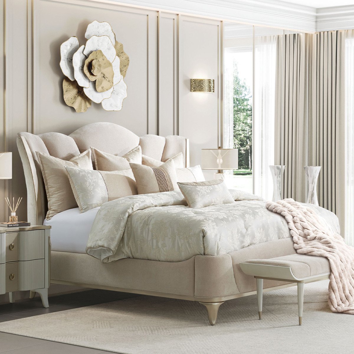 AICO Furniture La Marisia California King Upholstered Platform Bed in Creamy Pearl - Luxury Home Furniture (MI)